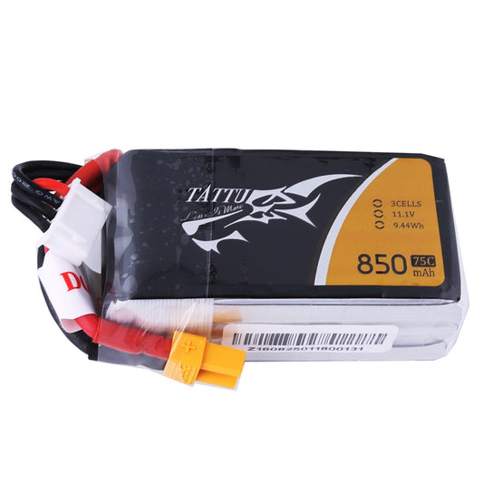 Tattu LiPo Battery, Tattu 3S 11.1V 850mAh 75C LiPo battery pack with XT30 connector and balance lead