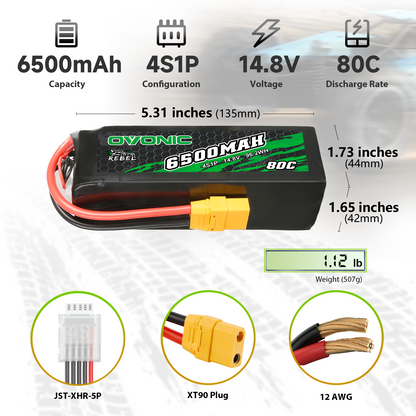 Ovonic Rebel 4S LiPo battery specifications showing 6500mAh, 14.8V, 80C, dimensions, and XT90 plug