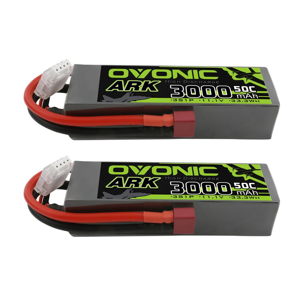 2× Ovonic ARK 3S 11.1V 3000mAh 50C LiPo batteries, two-pack with Deans plug and balance lead