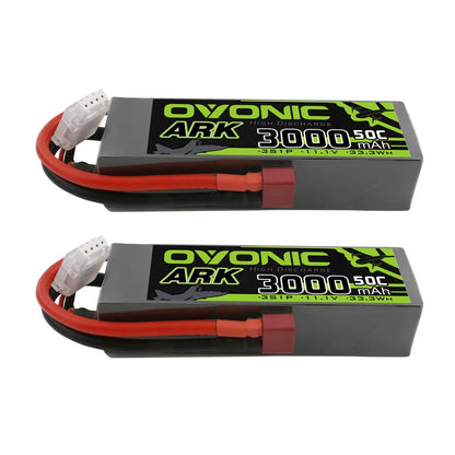 2× Ovonic ARK 3S 11.1V 3000mAh 50C LiPo batteries, two-pack with Deans plug and balance lead
