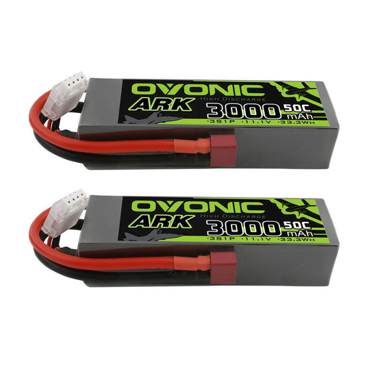 2× Ovonic ARK 3S 11.1V 3000mAh 50C LiPo batteries, two-pack with Deans plug and balance lead