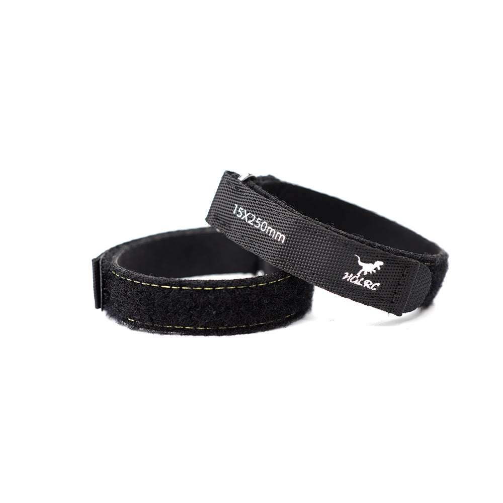 15x250mm battery strap set, looped bands showing Velcro surface and HGLRC logo