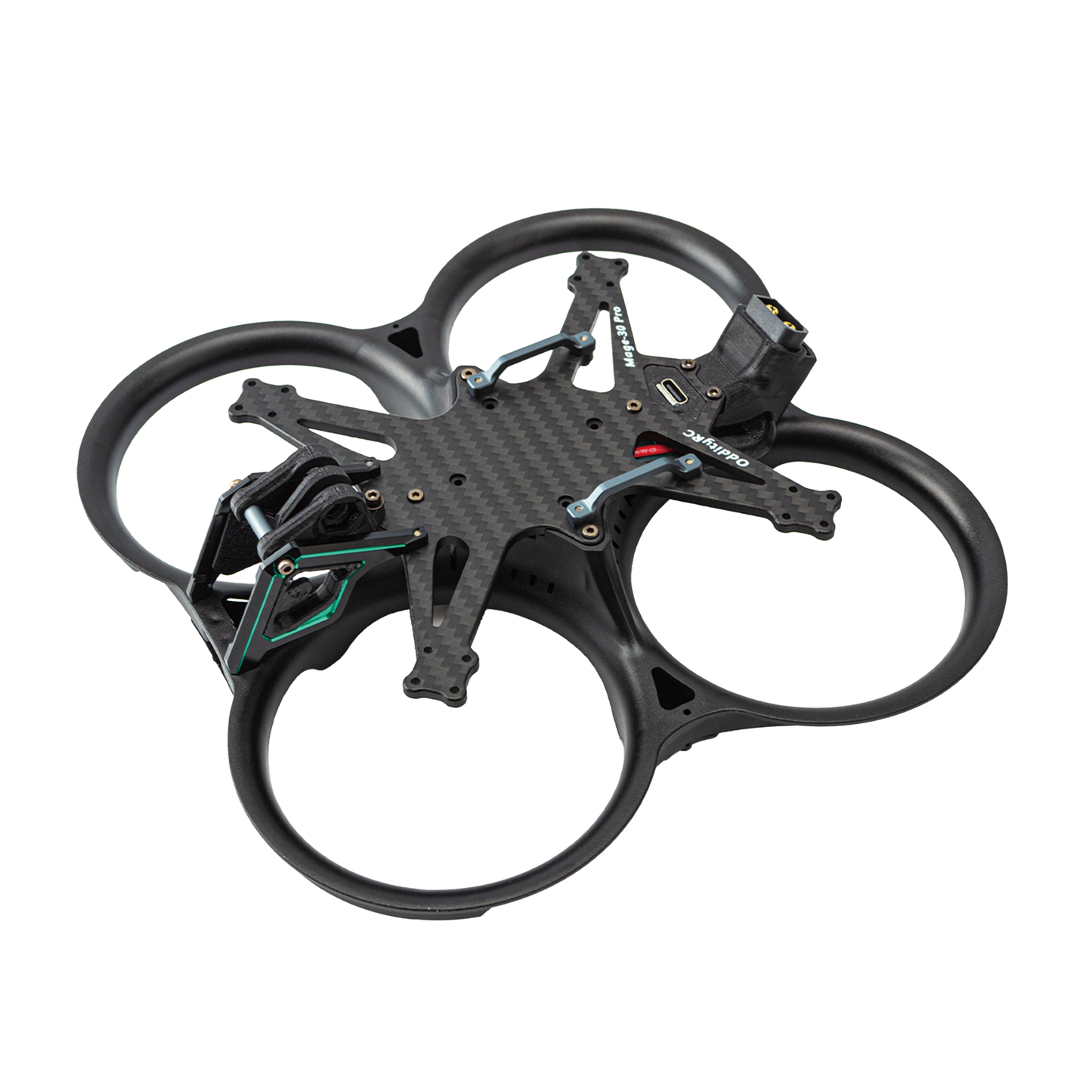 OddityRC Mage-Pro Frame Kit ducted FPV frame, top three-quarter view with carbon fiber plate and ducts