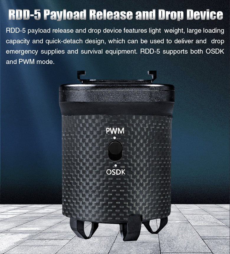 RDD-5 25KG Payload Release and Drop Device 4 RDD-5 25KG Payload Release and Drop, Payload release and drop device for delivering emergency supplies and survival gear.
