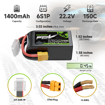 6S 1400mAh 22.2V 150C LiPo battery specs: dimensions, 0.45 lb weight, XT60 plug, JST-XHR-7P, 12AWG wire