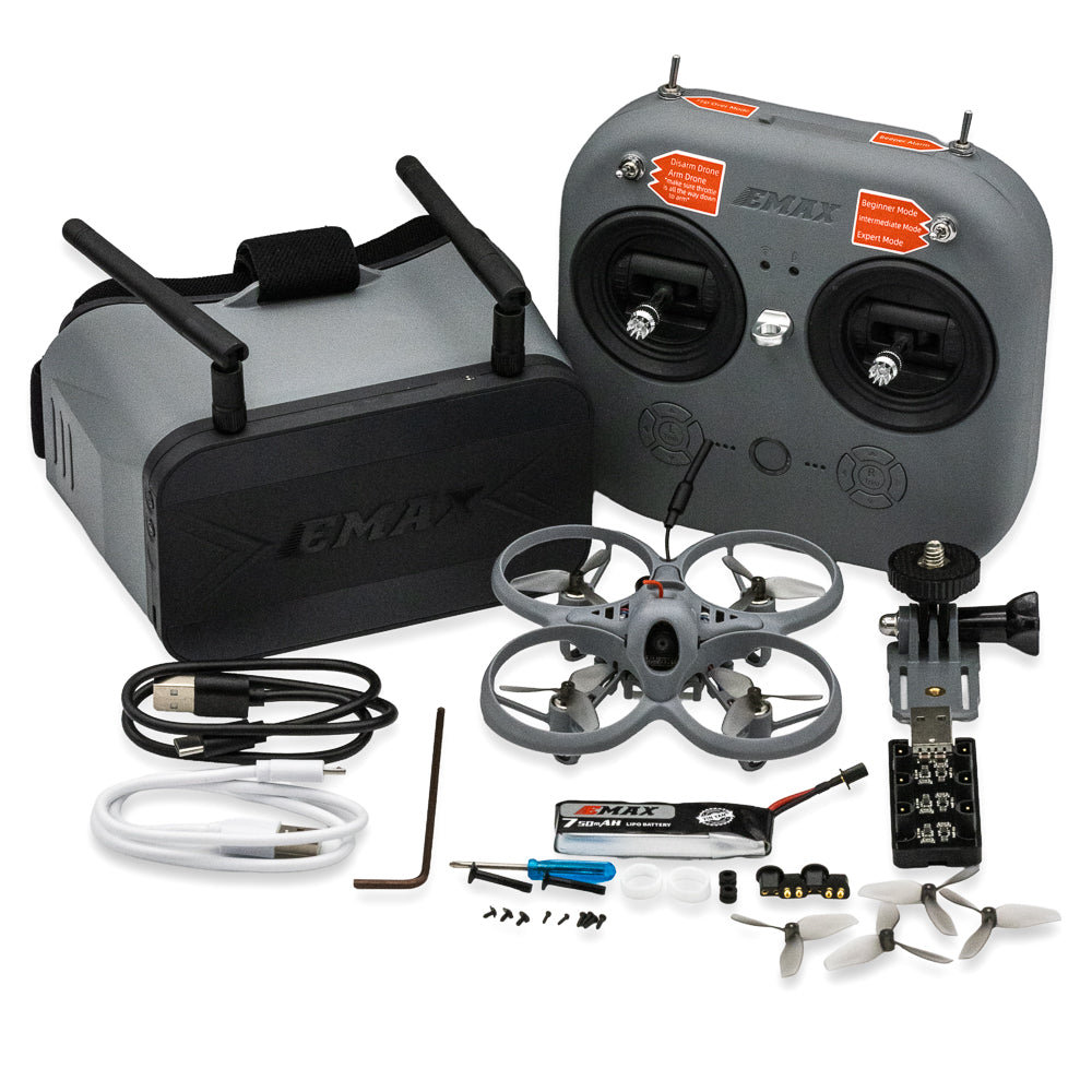 EMAX Tinyhawk Lite RTF FPV kit with quadcopter, FPV goggles, radio transmitter, battery, USB cable, spares