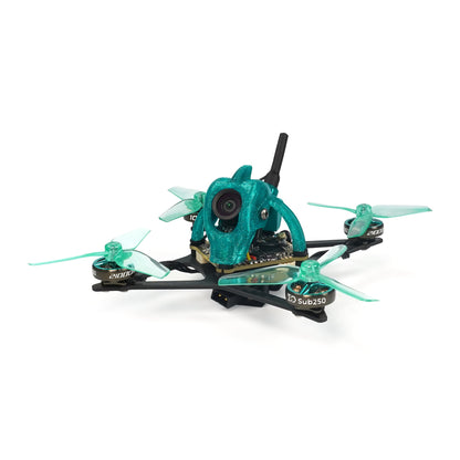 Sub250 Nanofly20 1S 2in analog micro quad, angled front view with teal canopy and camera
