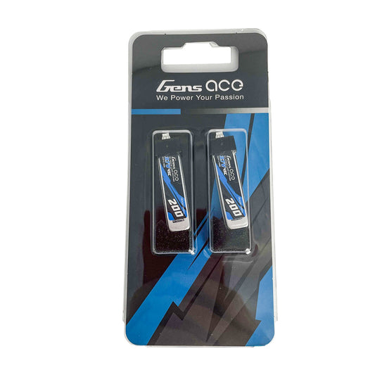 Gens ace 200mAh 1S1P 3.7V 45C LiPo Battery, Gens ace 200mAh 1S LiPo battery pack in retail blister packaging with two compact cells labeled 200