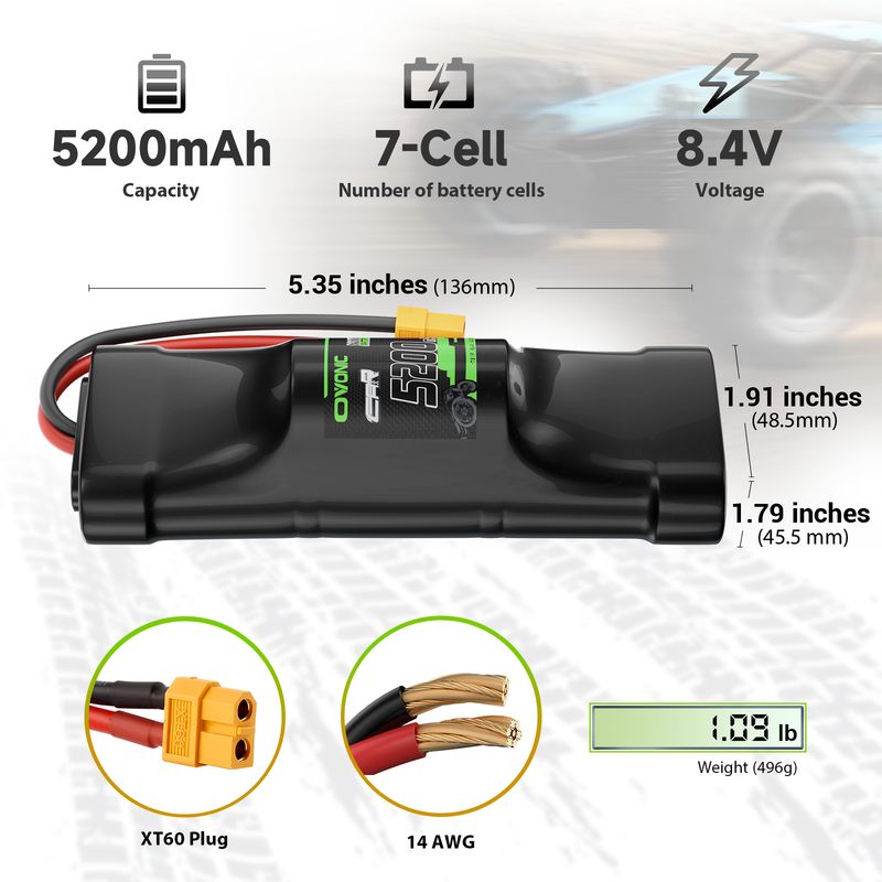 2× OVONIC 8.4V 5200mAh 7-cell hump NiMH battery size diagram with XT60 plug, 14AWG wire and weight
