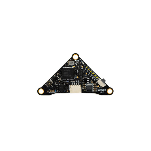 Sub250 Send T400 FPV VTX triangular PCB top side with components and connector ports