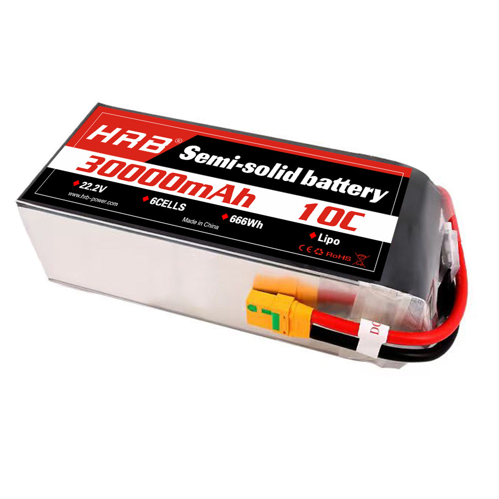 HRB 30000mAh 10C 6S semi-solid LiPo battery pack with label and yellow power connector leads