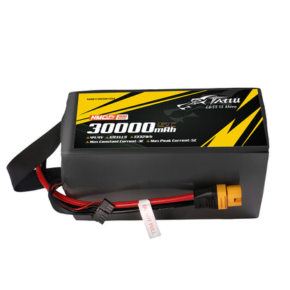 Tattu 30,000mAh 12S1P 5C NMC LiPo battery, 44.4V, 1332Wh, max 3C continuous/5C peak discharge, AS150U plug. Do not tip.