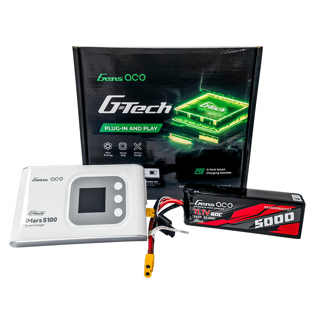 Gens ace G-Tech iMars S100 white AC balance charger with 11.1V 5000mAh 60C 3S LiPo battery and XT60 lead
