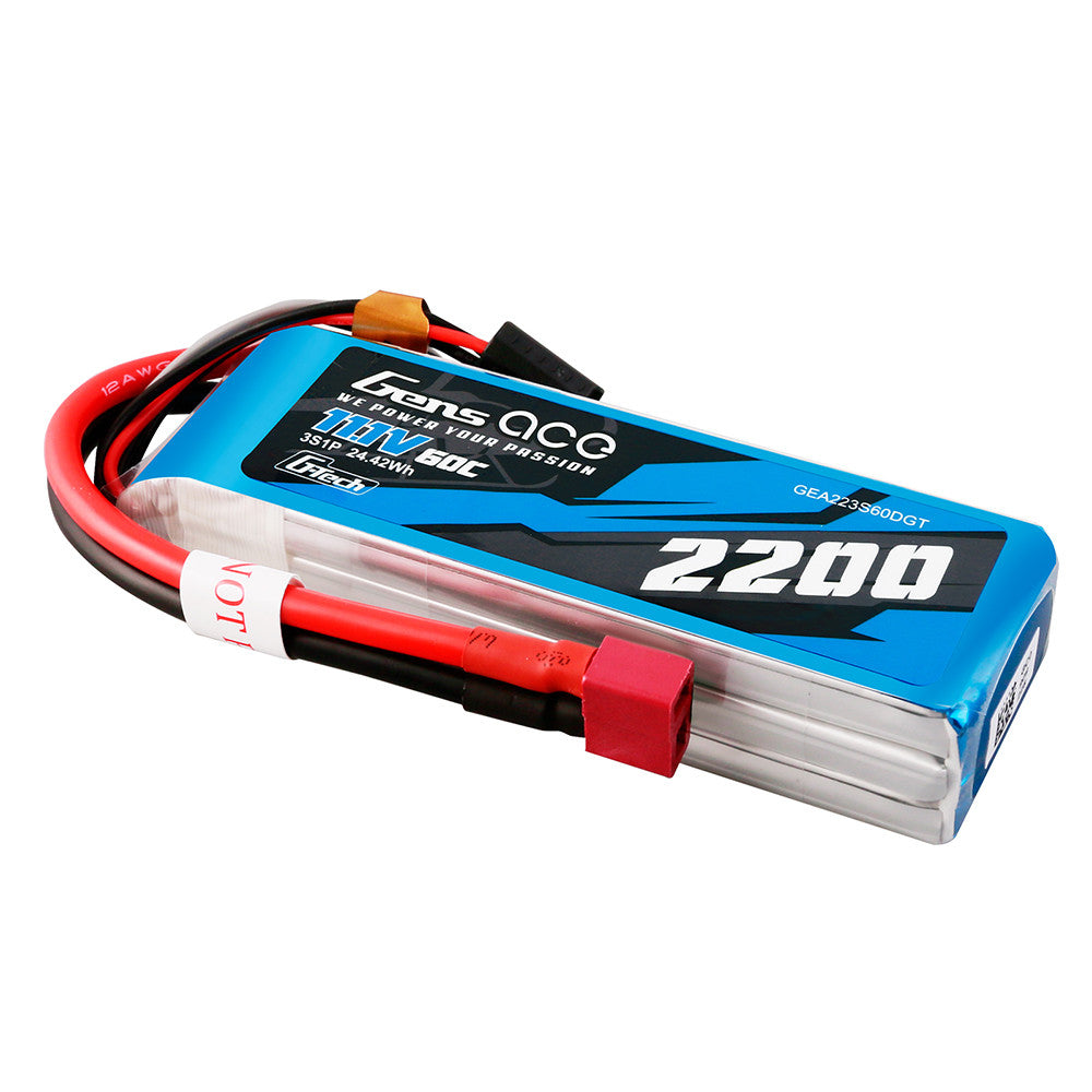 Gens ace G-Tech 2200mAh 3S 11.1V 60C LiPo battery pack with Deans (T) connector and balance lead