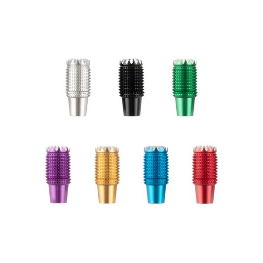 Shorty360 Gimbal Stick end pieces shown in multiple anodized colors (silver, black, green, purple, gold, blue, red)