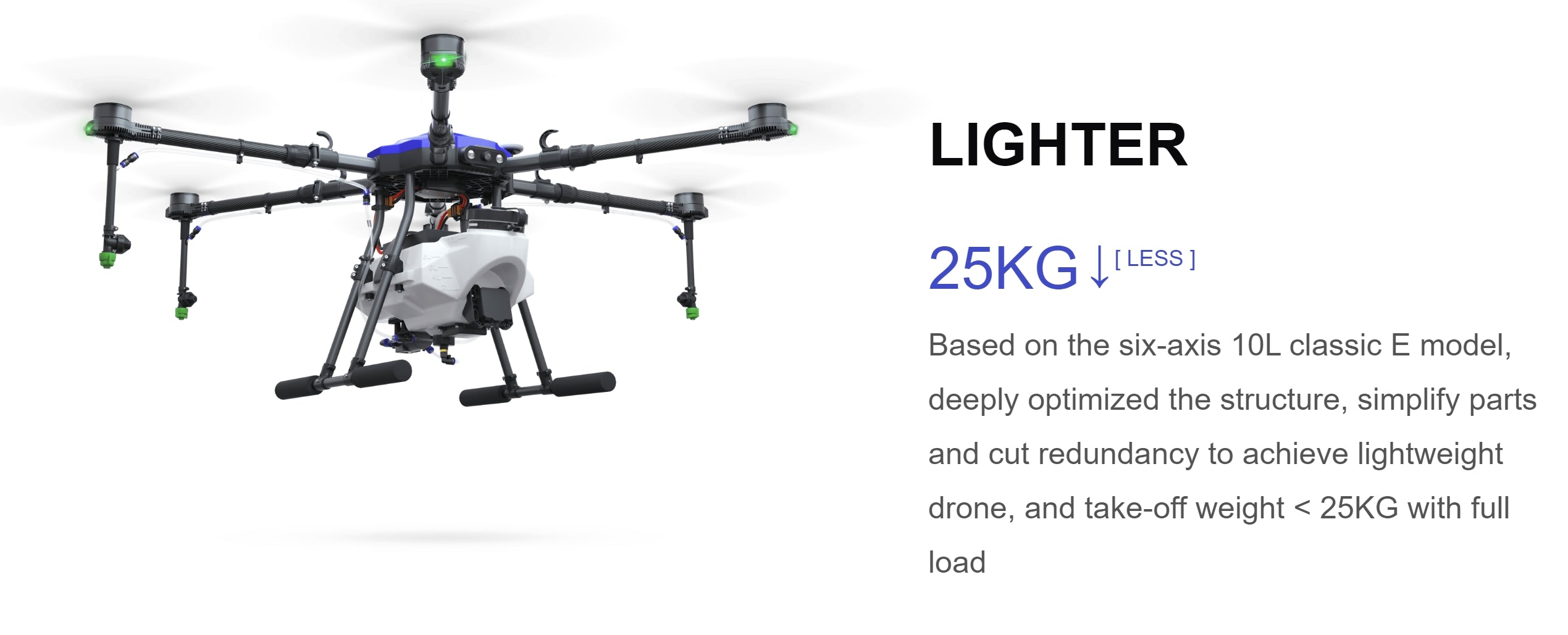 EFT E610M 10L Agriculture Drone, Lightweight agriculture drone with 6-axis design, max take-off weight under 25kg, optimized for simplicity.