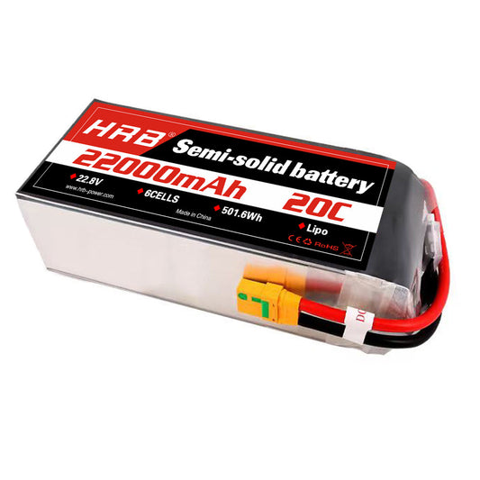 HRB 22000mAh 20C 6S 22.8V semi-solid battery pack with yellow XT90-style connector and leads