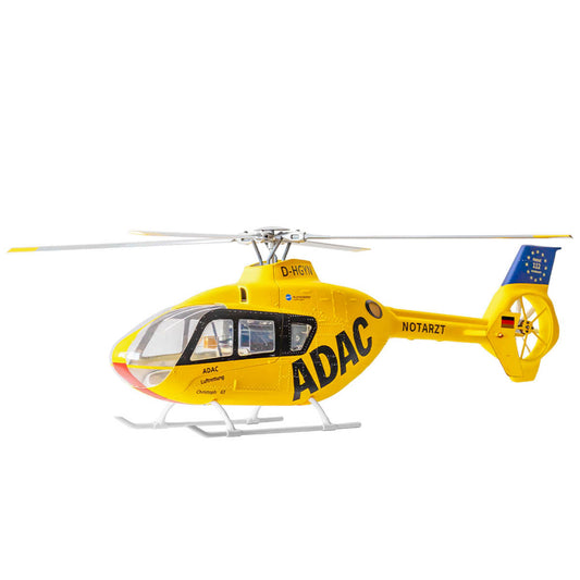 Flywing EC‑135 Scale RC Helicopter, Yellow ADAC rescue helicopter D-HGYN, labeled NOTARZT, has a 4-blade rotor and GPS flight controller for emergency medical missions.