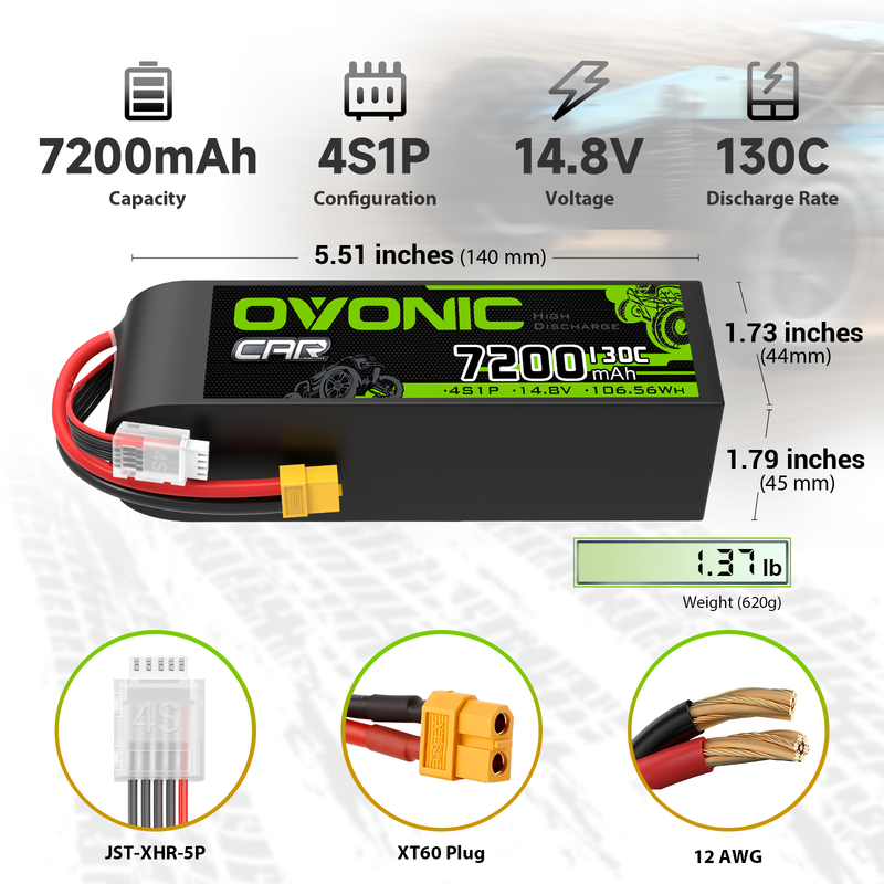 OVONIC 4S 7200mAh 14.8V 130C LiPo battery size chart with weight, XT60 plug, JST-XHR-5P and 12AWG wire