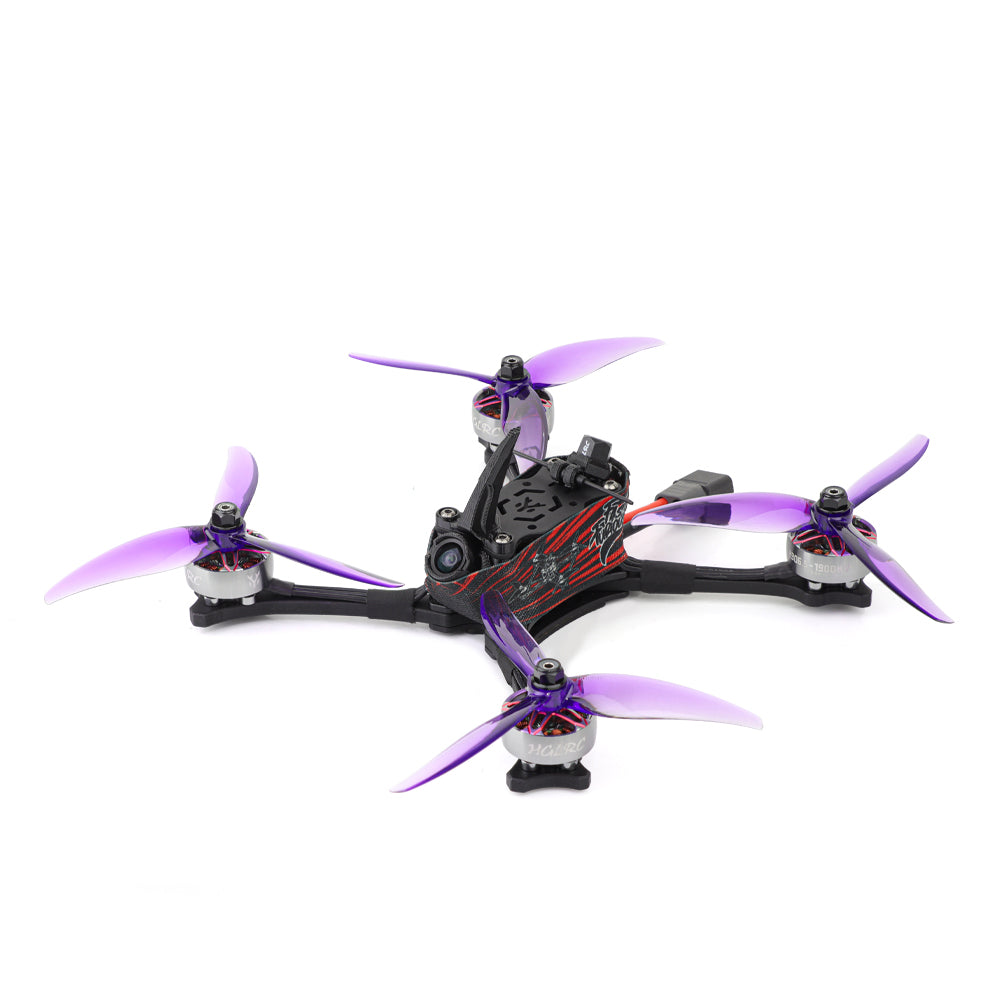 HGLRC Wind5 Lite V2 racing drone ELRS 2.4G, angled view with purple tri-blade props and FPV camera