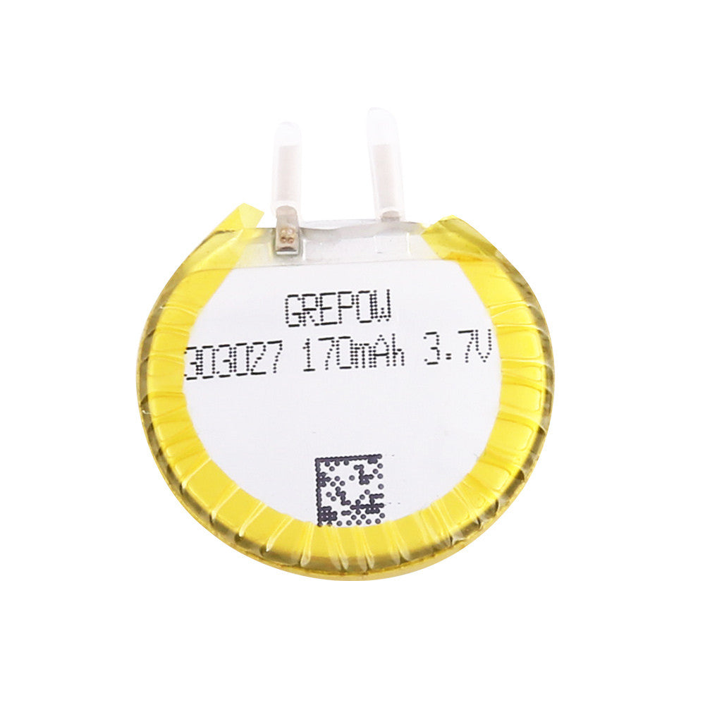 Grepow 3030027 3.7V 170mAh 1S1P LiPo Battery, Round Grepow 3030027 LiPo battery labeled 170mAh 3.7V with two lead tabs and yellow wrap