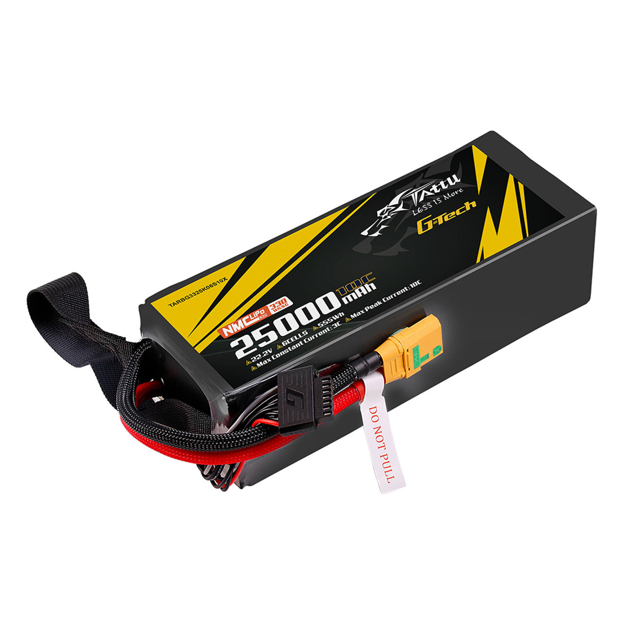 Tattu G-Tech 25,000mAh 6S1P NMC LiPo battery, 22.2V, 330Wh/kg, 10C peak, XT90-S connector, 355Wh capacity, max continuous 3C discharge. Do not pull tag.