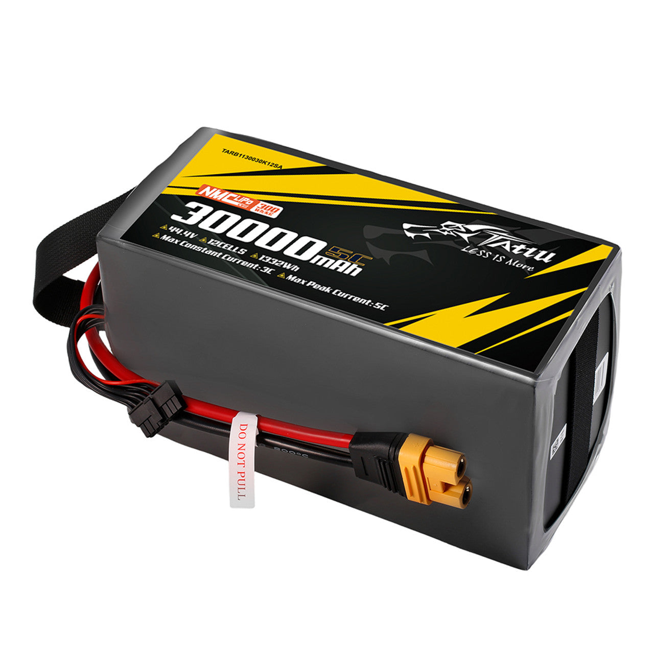 Tattu 30,000mAh 12S1P 5C LiPo battery, 300Wh/kg, AS150U plug, 3C continuous/5C peak discharge, features "DO NOT PULL" label.