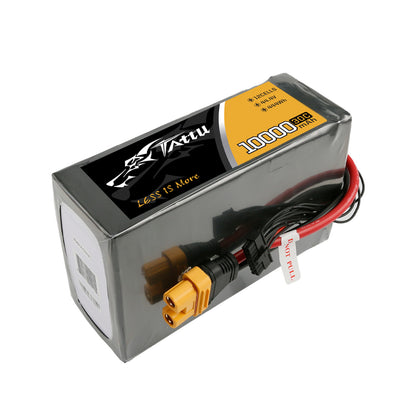 Tattu 44.4V 30C 12S 10000mAh Lipo Battery, Lithium-ion battery pack for UAV drones with 12 cells, 10Ah capacity, and AS150U plug.