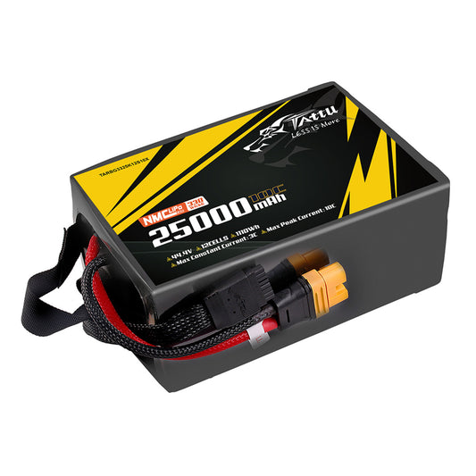 Tattu 25000mAh 12S1P NMC LiPo battery, 44.4V, 10C peak, 3C continuous, 330Wh/kg energy density, AS150U-F plug, 1100Wh capacity.