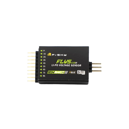 FrSky ADV FLVS Voltage Sensor module close-up with LiPo cell pin headers and printed label