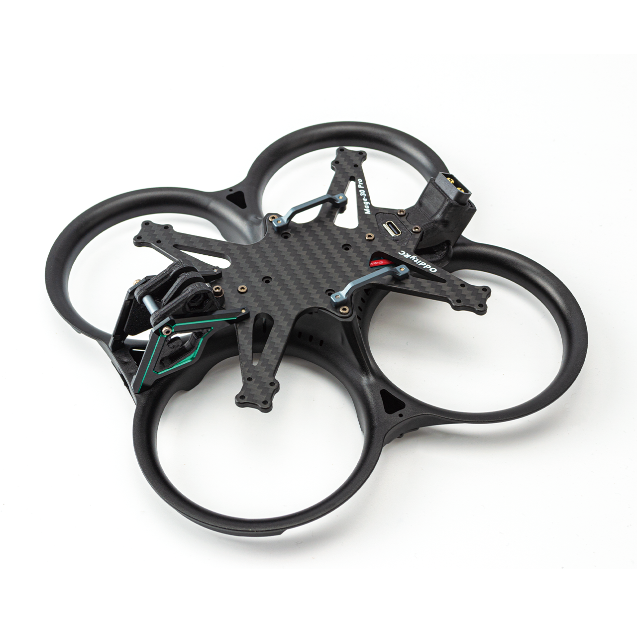 Angled top view of ducted frame showing carbon fiber plate cutouts and wiring route openings