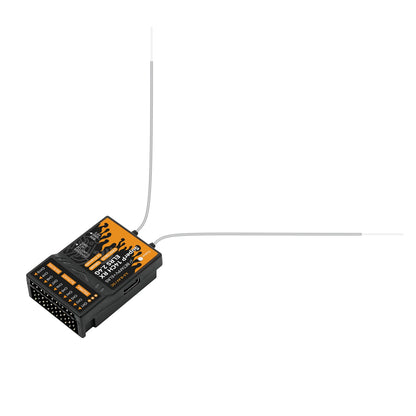Receiver with two long antenna leads extended, showing overall cable length and layout