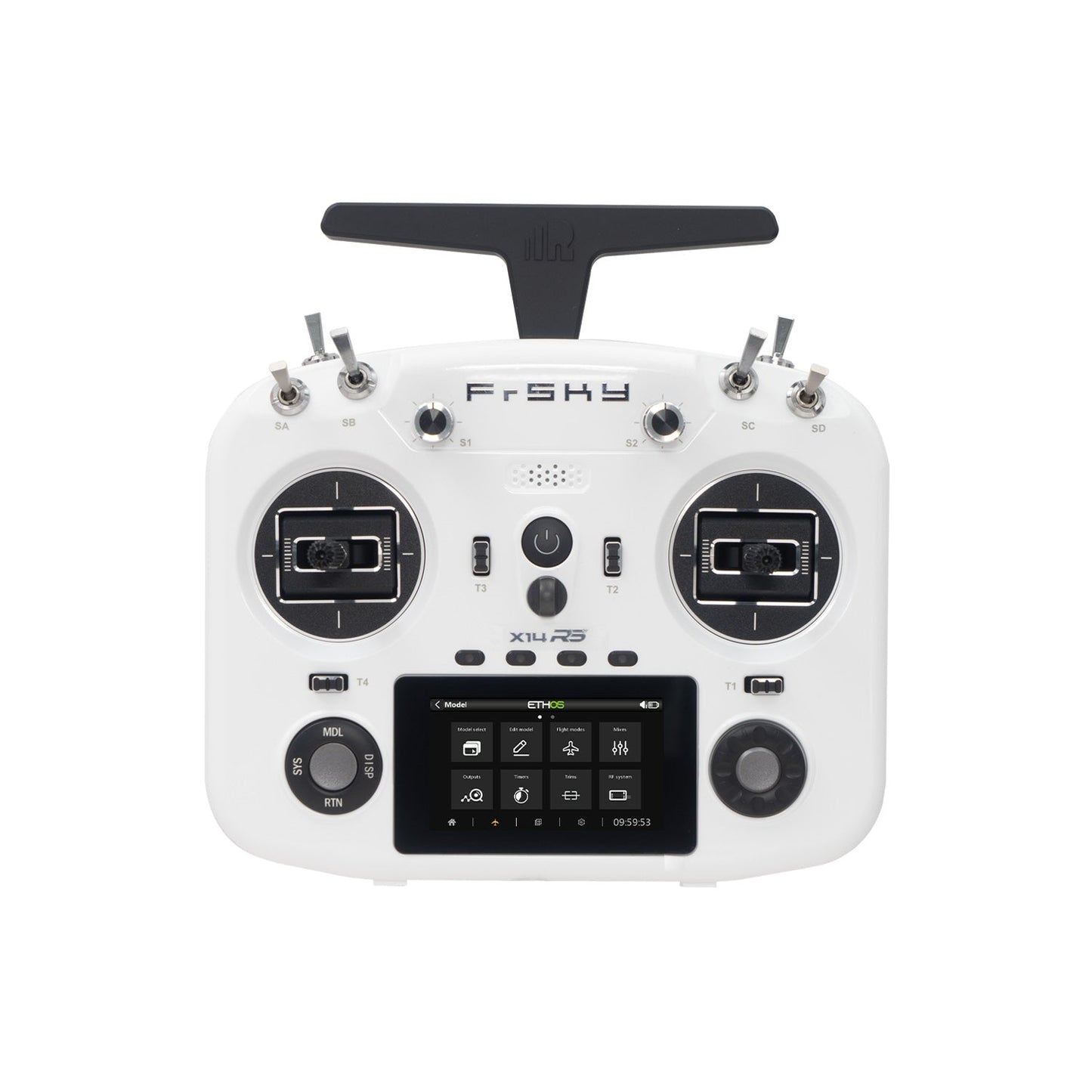 FrSky X14RS ETHOS RC transmitter front view in white with 3-inch touchscreen, switches and gimbals