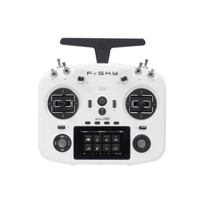FrSky X14RS ETHOS RC transmitter front view in white with 3-inch touchscreen, switches and gimbals