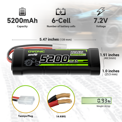 2-Pack OVONIC 7.2V 5200mAh 6-cell NiMH battery dimensions, weight, Tamiya plug and 14 AWG wire shown