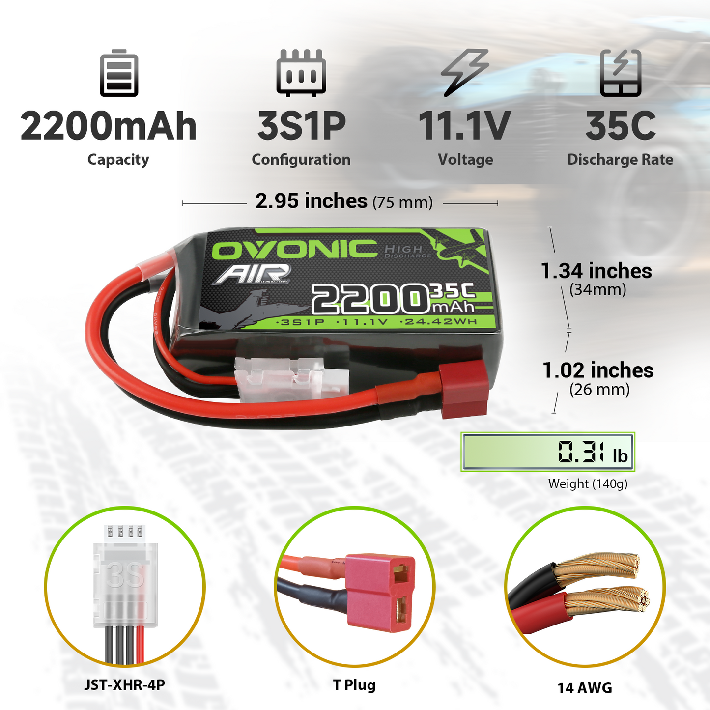 Battery specs graphic showing 2200mAh capacity, 35C rate, 11.1V, dimensions, weight, T plug and JST-XHR-4P