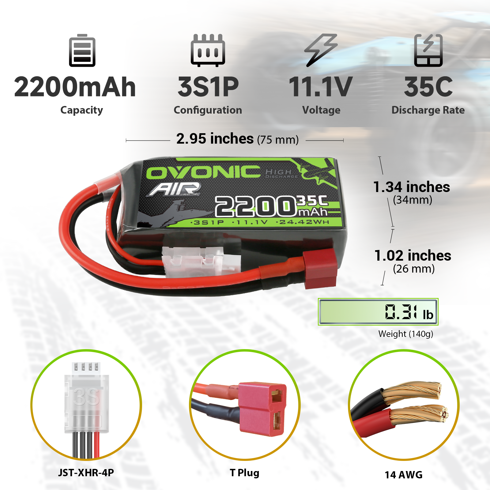 Battery specs graphic showing 2200mAh capacity, 35C rate, 11.1V, dimensions, weight, T plug and JST-XHR-4P