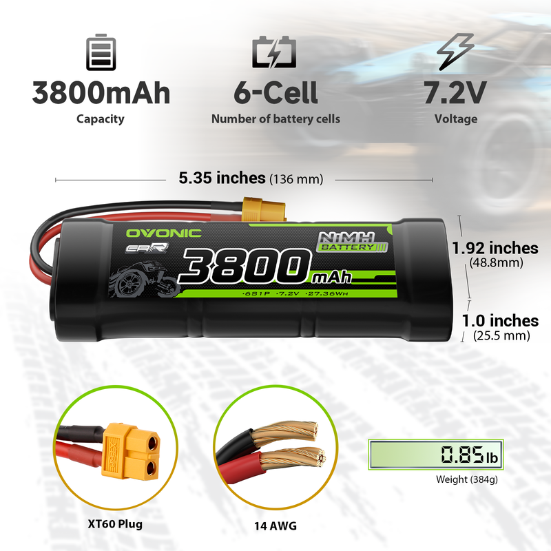 2× OVONIC 7.2V 3800mAh NiMH 6-cell flat battery size diagram, XT60 plug, 14AWG wire, 136mm length