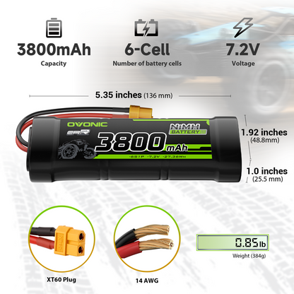 2× OVONIC 7.2V 3800mAh NiMH 6-cell flat battery size diagram, XT60 plug, 14AWG wire, 136mm length