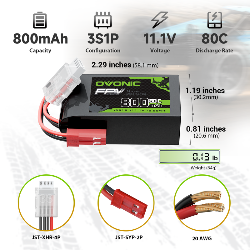 OVONIC 800mAh 3S 11.1V 80C LiPo battery size and weight with JST-SYP-2P plug and JST-XHR-4P balance lead