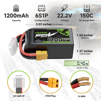 1200mAh 6S 22.2V 150C LiPo battery dimensions, 190g weight, XT60 plug and JST-XHR-7P lead