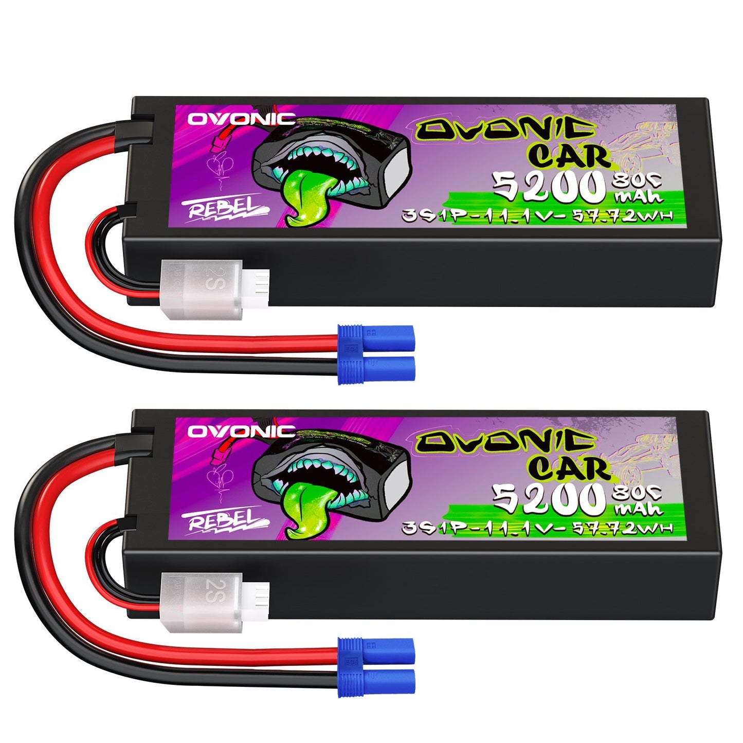 2-pack Ovonic Rebel 2.0 3S 5200mAh 11.1V 80C hardcase LiPo batteries with EC5 plug