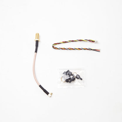 Included parts set: antenna pigtail cable, wiring harness lead, and mounting screws with standoffs