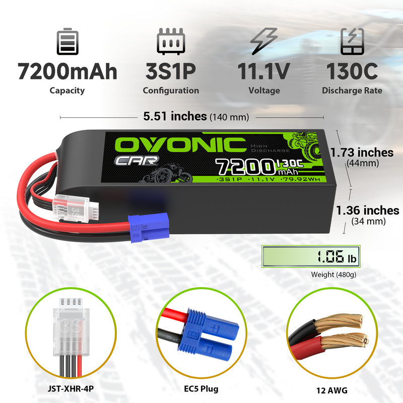 OVONIC 3S 11.1V 7200mAh 130C LiPo battery size chart with EC5 plug, JST-XHR-4P lead and 12AWG wire