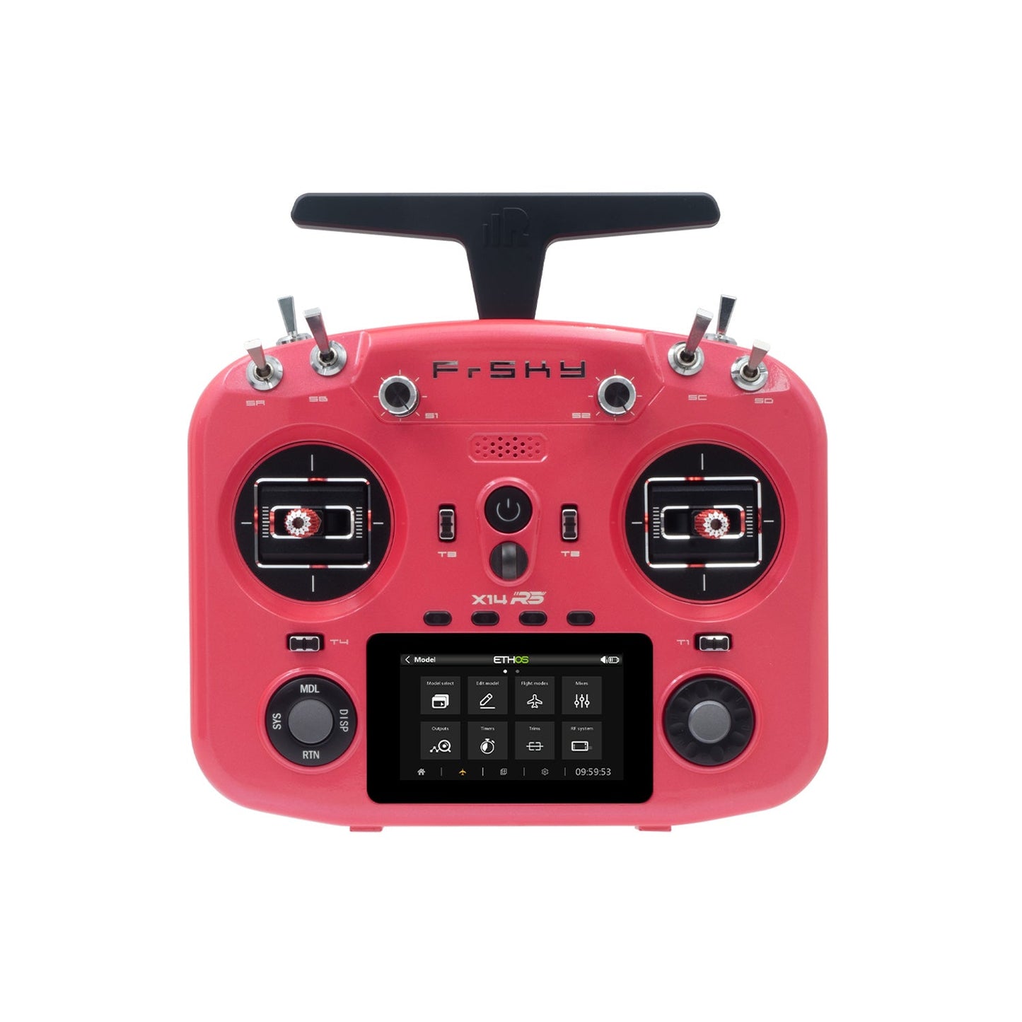 FrSky X14RS ETHOS RC transmitter front view in red, 3-inch touchscreen and dual gimbal sticks