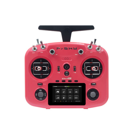 FrSky X14RS ETHOS RC transmitter front view in red, 3-inch touchscreen and dual gimbal sticks
