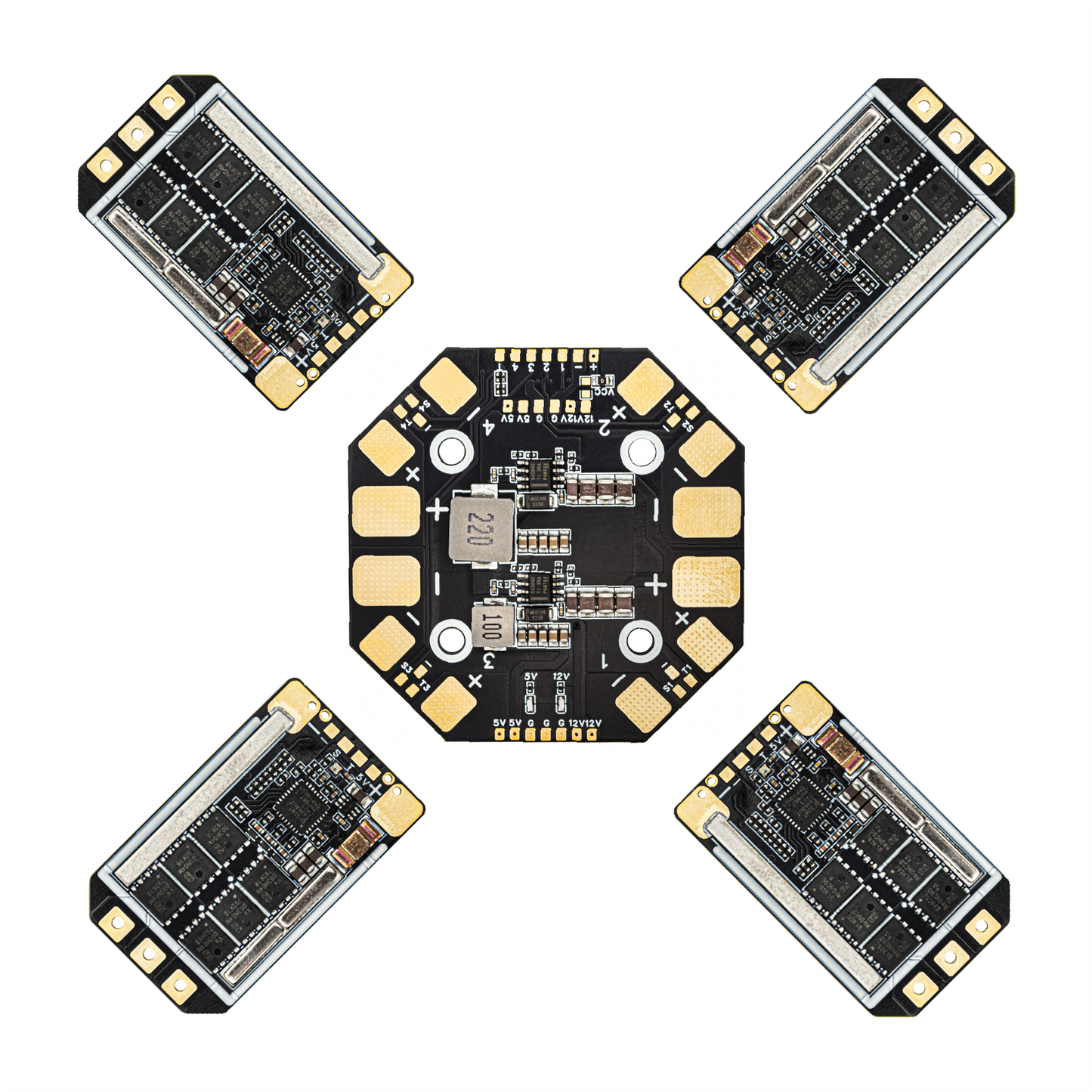 Four ESC modules arranged around an octagonal power distribution board, full set layout view