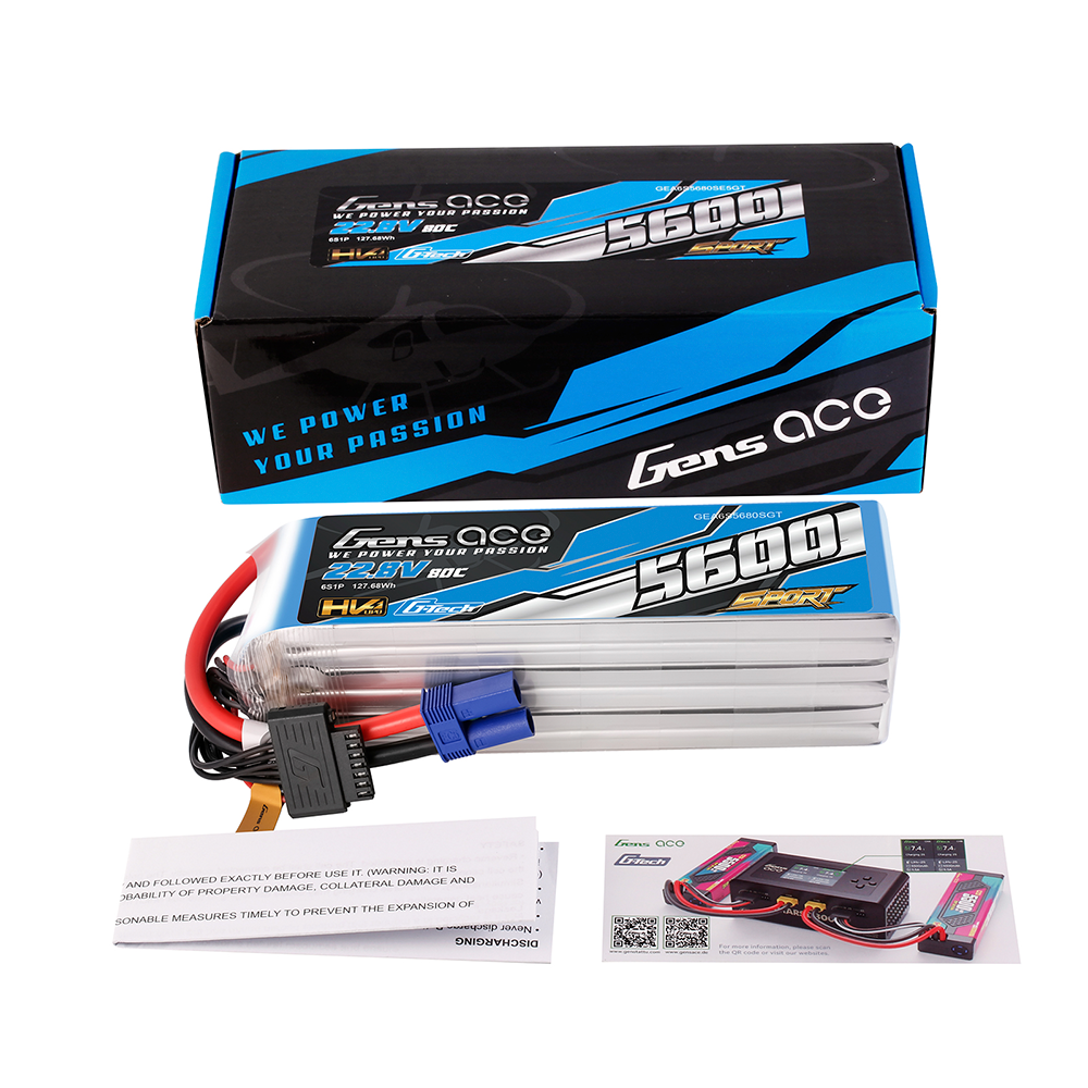 Gens ace Sport G-Tech HV 5600mAh 22.8V 6S LiPo battery pack with EC5 connector, balance lead, and retail box
