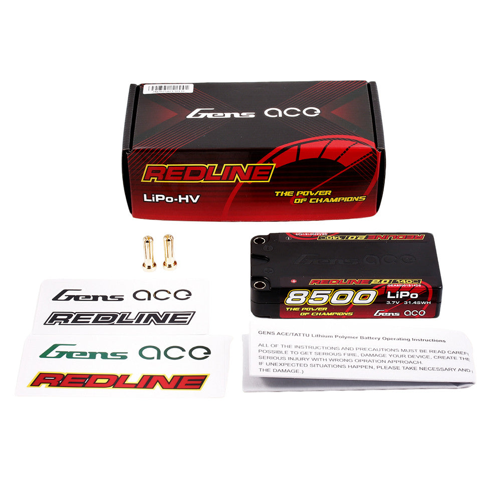 باتری لیپو Gens ace Redline 2.0 ظرفیت ۸۵۰۰ میلی‌آمپر ۱S2P ۱۴۰C مدل Short Pack