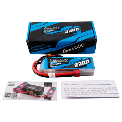 Gens ace 2200mAh 3S 11.1V 60C LiPo battery pack with Deans-style T plug, plus box and instructions